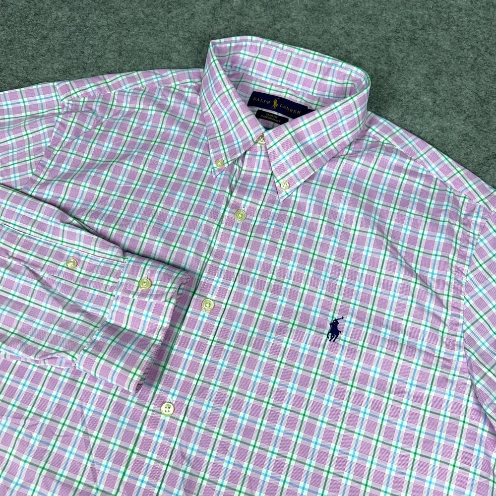 Ralph Lauren Shirt Mens XL Pink‎ Plaid Slim Fit Performance Long Sleeve Button